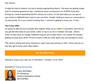 Email from Cathy McPhillips about Content Marketing World